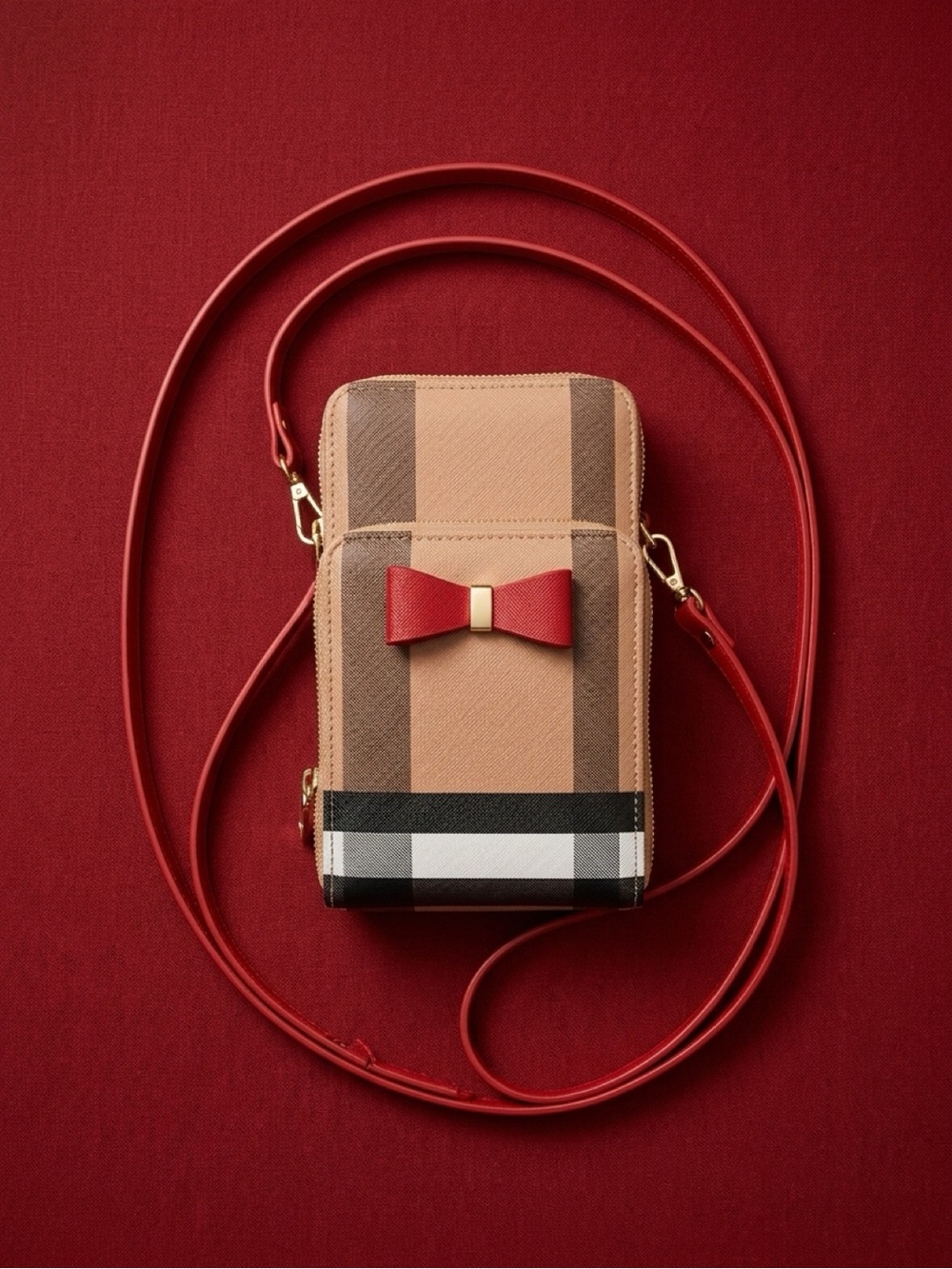 Beige and Red Bow Crossbody Bag